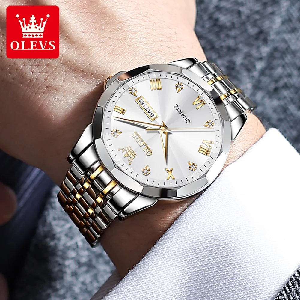 Blue Face Watches for Men Big Dial Watch Men Day Date Diamond Luxury Watches for Men Gold and Silver Stainless Steel Men Wrist Watches Dress Waterproof Watch for Men Cassic