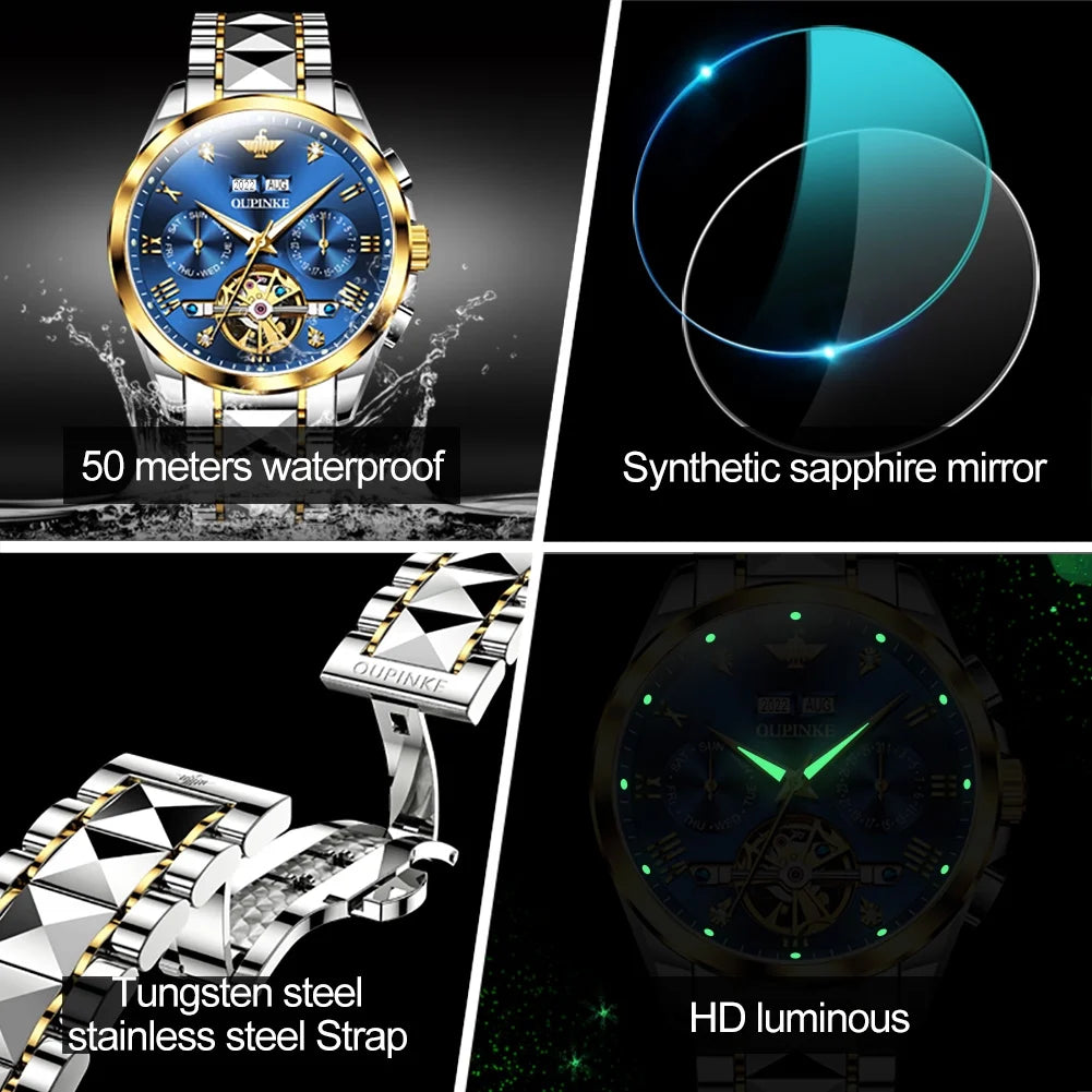 Automatic Watches for Men Self Winding Diamond Skeleton Luxury Dress Mens Watch Sapphire Crystal Tungsten Steel Band Luminous Waterproof Reloj Para Hombre, Gifts for Men