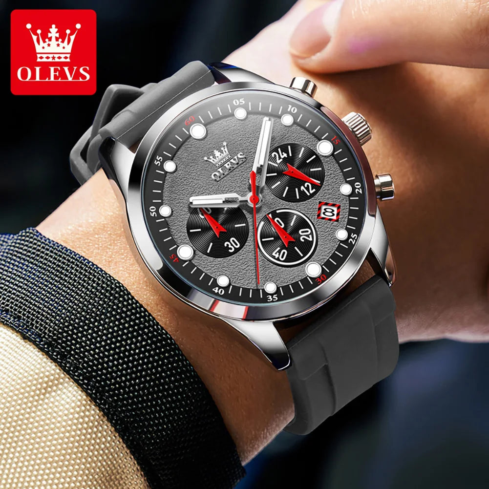 OLEVS Luxury Watch for Men Silicone Strap Waterproof Luminous Chronograph Classic Man Watch Top Original Quartz Men'S Watch 2024